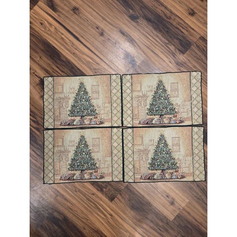 Vtg Christmas Tree Scene Woven Tapestry Placemat Presents Fireplace 11.5x18